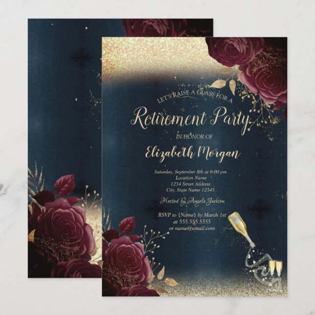 Wine Glass Bottle,Burgundy Roses Retirement  Invitation (Front/Back)