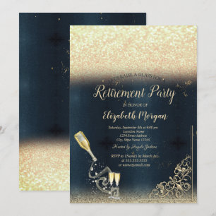 Wine Glass Bottle Glitter Retirement  Invitation