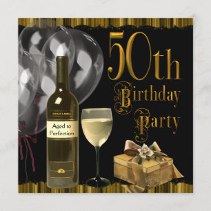 Wine Glass Bottle Gold 50th Birthday Party Invitation