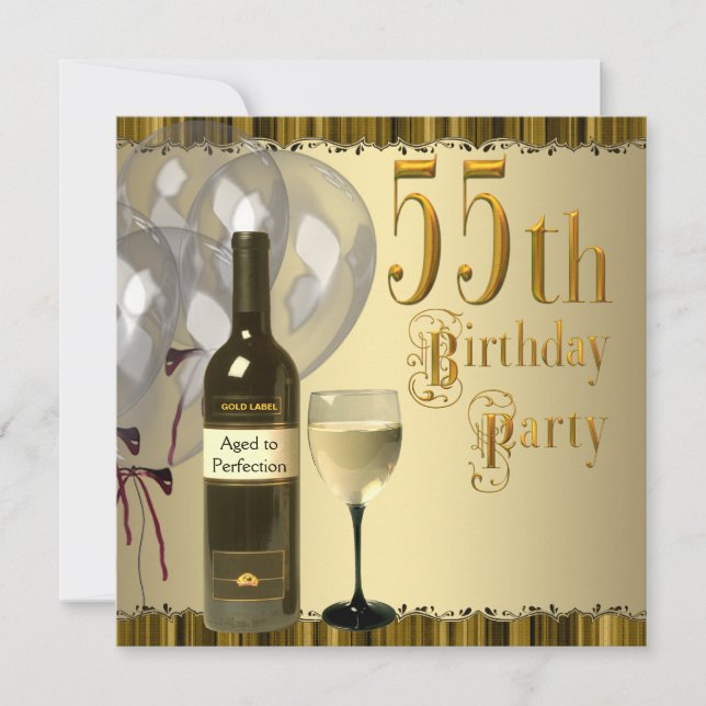 Wine Glass Bottle Gold 55th Birthday Party Invitation (Front)