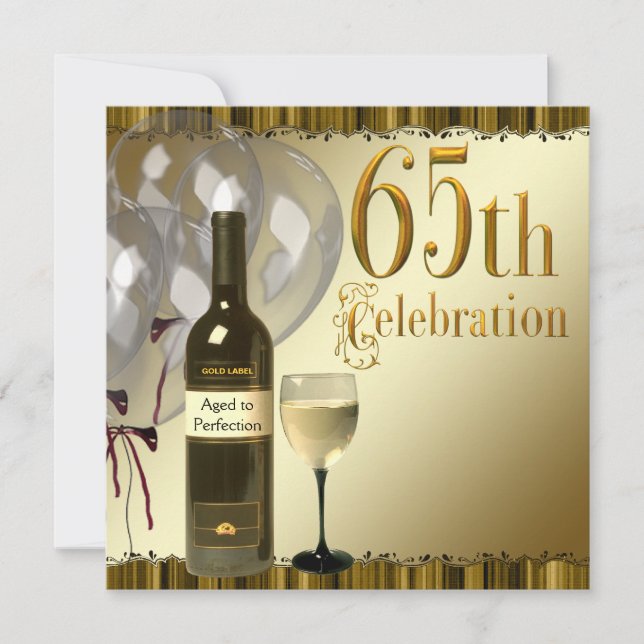 Wine Glass Bottle Gold 65th Birthday Party Invitation (Front)