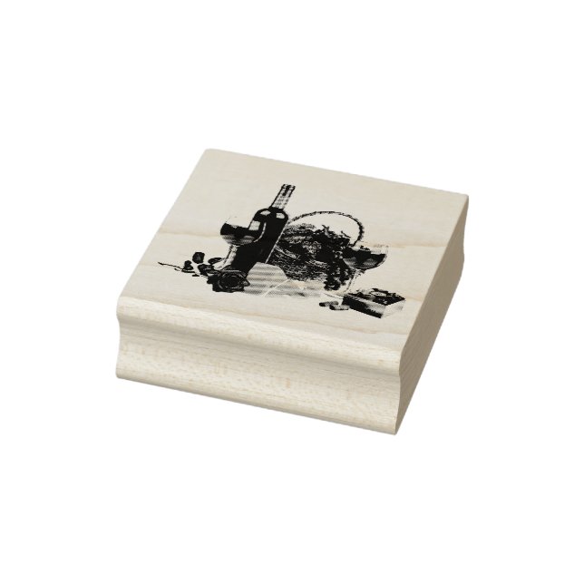 Wine glass, bottle, grapes, cheese, red rose rubber stamp (Stamp)