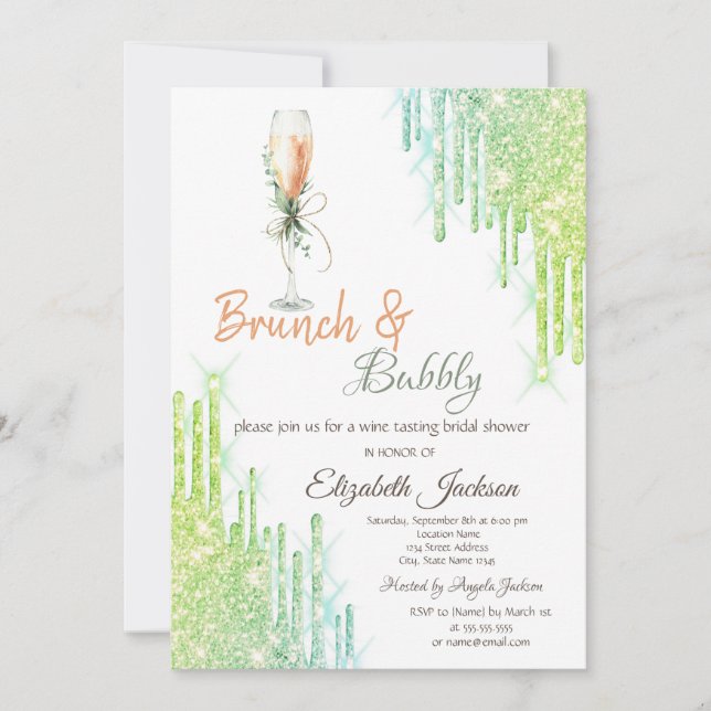 Wine Glass Bottle Green Drips Brunch & Bubbly  Invitation (Front)