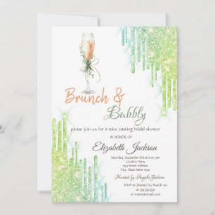 Wine Glass Bottle Green Drips Brunch & Bubbly  Invitation