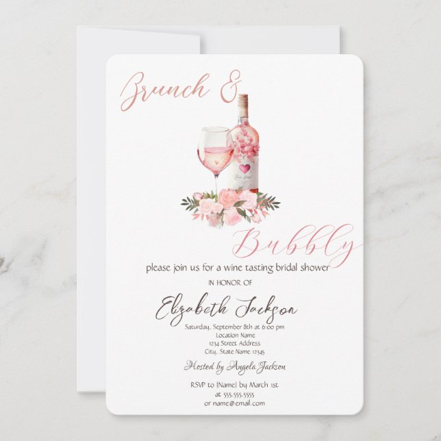 Wine Glass Bottle Roses Brunch & Bubbly  Invitation (Front)