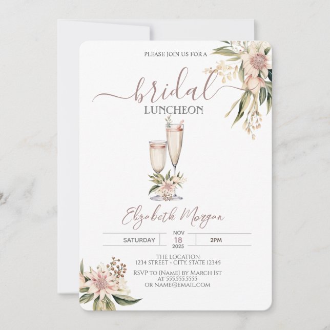  Wine Glass Burgundy Flowers Bridal Luncheon Invitation (Front)