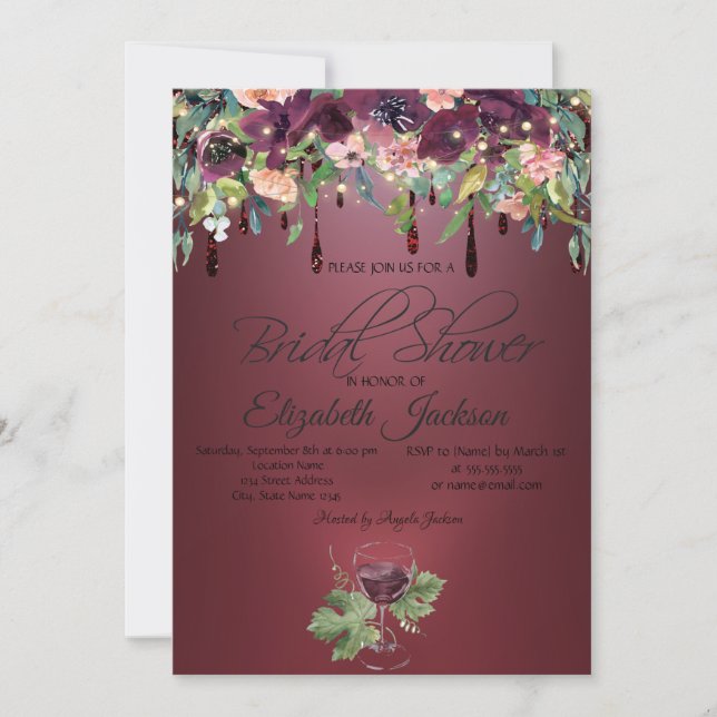 Wine Glass Burgundy Roses Drips Bridal Shower  Invitation (Front)