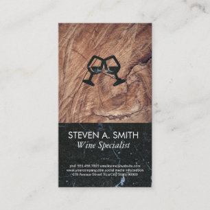 Wine Glass Cheers   Black Marble   Wood Business Card