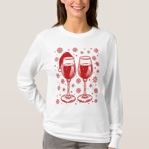 Wine Glass Christmas Santa Hat Snow Flakes Funny T-Shirt