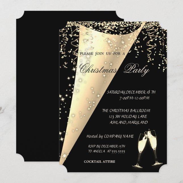 Wine Glass,Confetti, Black Company Christmas Party Invitation (Front/Back)