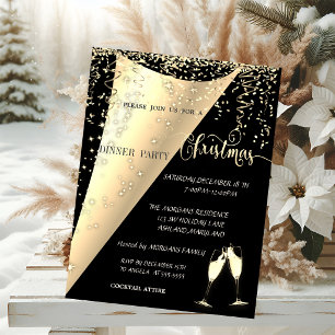 Wine Glass,Confetti, Black ,Gold Christmas Party Invitation