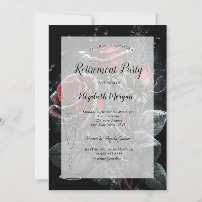  Wine Glass Dark Roses Drops Retirement Invitation (Front)