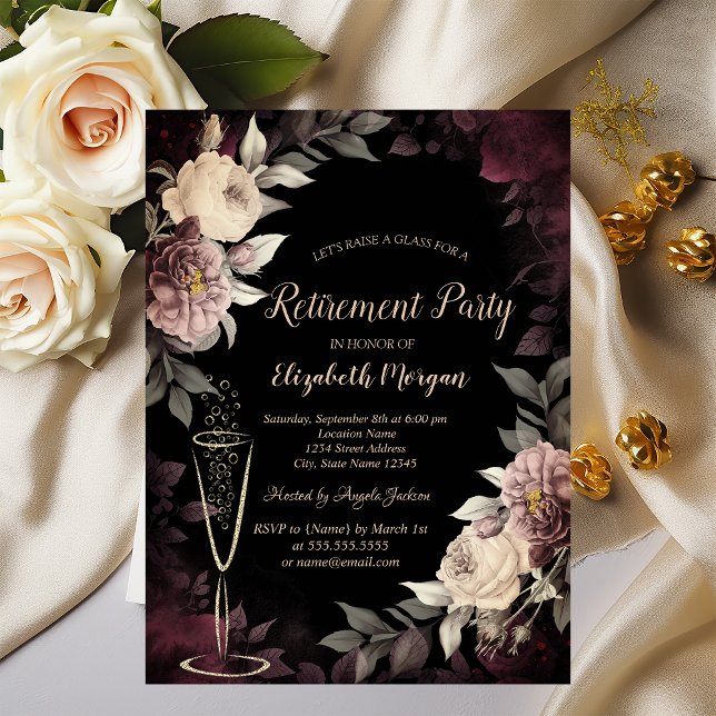  Wine Glass Dark Roses Retirement Invitation (Creator Uploaded)