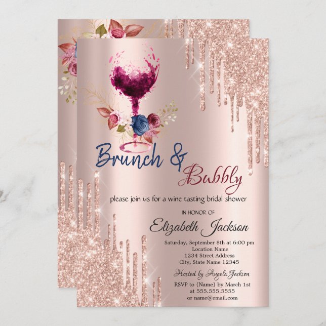 Wine Glass,Drips Brunch & Bubbly Bridal Shower  Invitation (Front/Back)