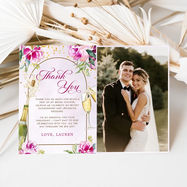 Wine Glass Floral Bridal Shower Photo Thank You Card (Creator Uploaded)