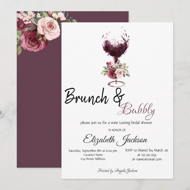 Wine Glass Floral Brunch & Bubbly Bridal Shower  Invitation (Front/Back)