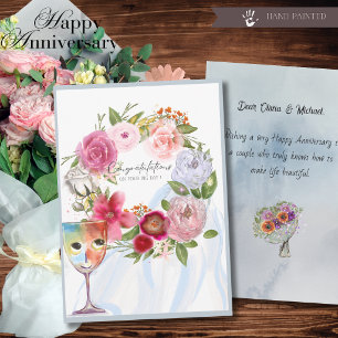 Wine Glass & Floral Wreath Wedding Anniversary Holiday Card