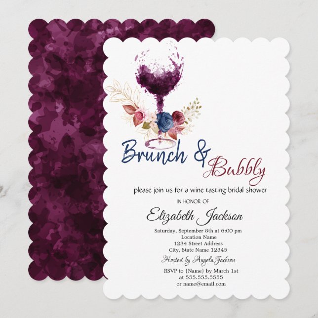 Wine Glass,Flowers Brunch & Bubbly Bridal Shower  Invitation (Front/Back)