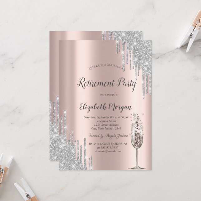 Wine Glass Glitter Drips Rose Gold Retirement  Invitation (Front/Back In Situ)