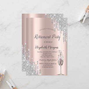 Wine Glass Glitter Drips Rose Gold Retirement  Invitation