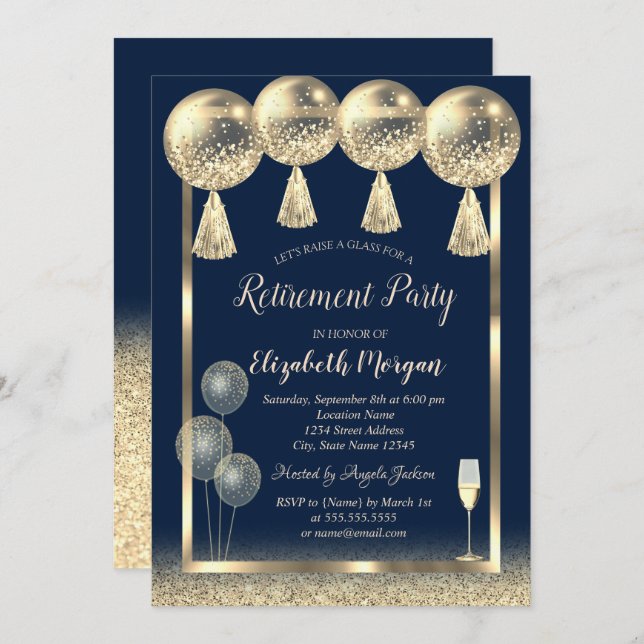 Wine Glass Gold Balloons Glitter Blue Retirement  Invitation (Front/Back)
