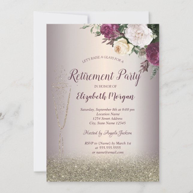 Wine Glass Gold Bokeh Floral Retirement  Invitation (Front)