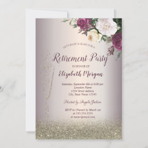 Wine Glass Gold Bokeh Floral Retirement  Invitation