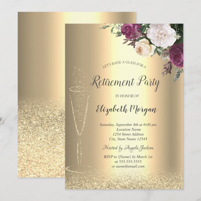 Wine Glass Gold Glitter Bokeh Floral Retirement Invitation (Front/Back)