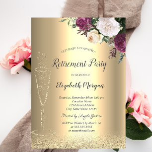 Wine Glass Gold Glitter Bokeh Floral Retirement Invitation