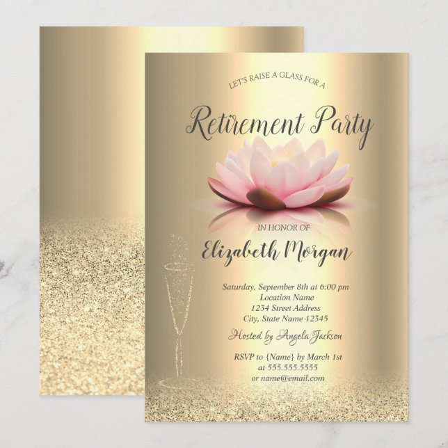Wine Glass Gold Glitter Bokeh Lotus Retirement Invitation (Front/Back)