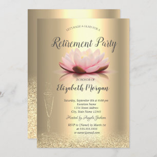 Wine Glass Gold Glitter Bokeh Lotus Retirement Invitation