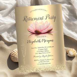 Wine Glass Gold Glitter Bokeh Lotus Retirement Invitation