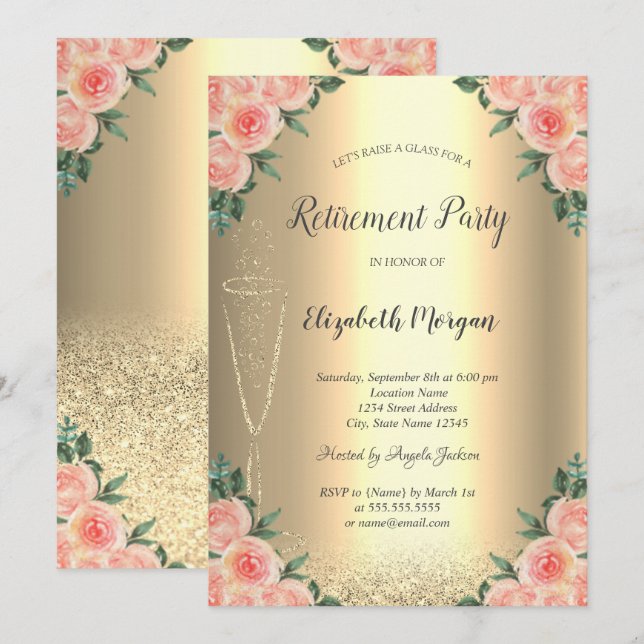 Wine Glass Gold Glitter Bokeh Roses Retirement Invitation (Front/Back)