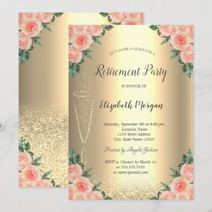 Wine Glass Gold Glitter Bokeh Roses Retirement Invitation