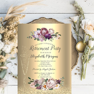Wine Glass Gold Glitter Tropical Flowers Retire Invitation