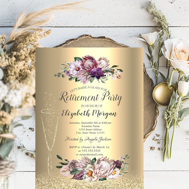 Wine Glass Gold Glitter Tropical Flowers Retire Invitation (Creator Uploaded)
