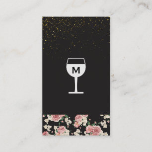 Wine Glass Gold Speckled Vintage Floral Pattern Business Card