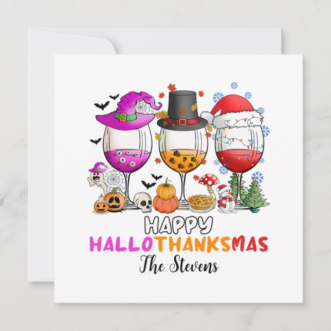 Wine Glass Happy Hallowthanksmas T-Shirt Invitation (Front)