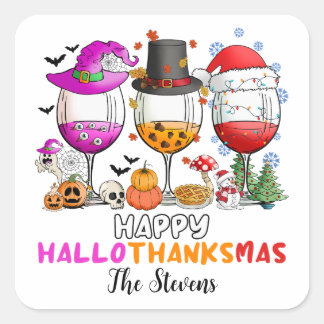 Wine Glass Happy Hallowthanksmas T-Shirt Square Sticker