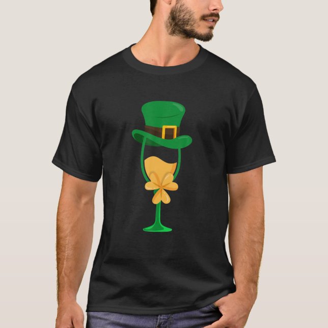 Wine Glass Hat St. Patrick's Day Clover Leaf Bow T-Shirt (Front)