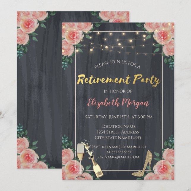Wine Glass,High Heels Roses Retirement Party Invitation (Front/Back)