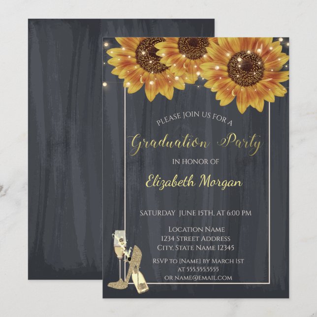 Wine Glass,High Heels Sunflowers Graduation Party Invitation (Front/Back)