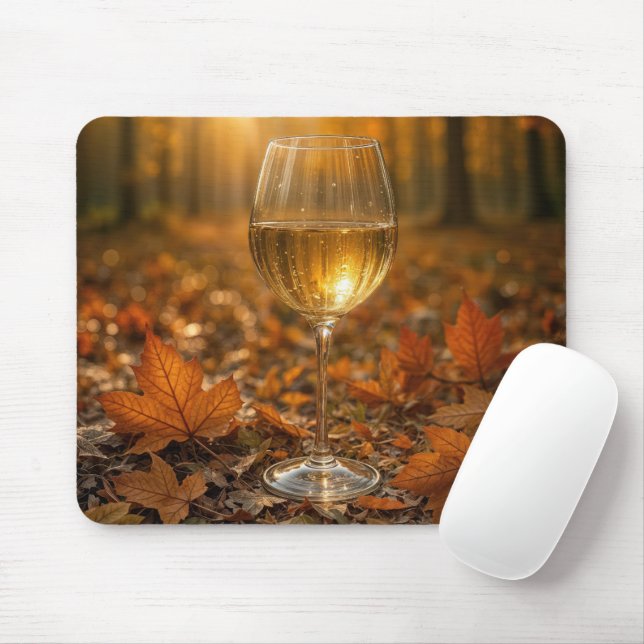 Wine Glass In Autumn Leaves Mouse Mat (With Mouse)