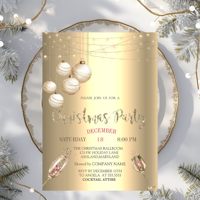Wine Glass,Lights,Balls Gold Christmas Company Invitation (Creator Uploaded)