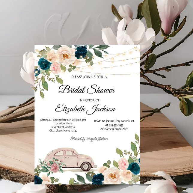 Wine Glass Lights Blue Roses,Car Bridal Shower Invitation (Creator Uploaded)