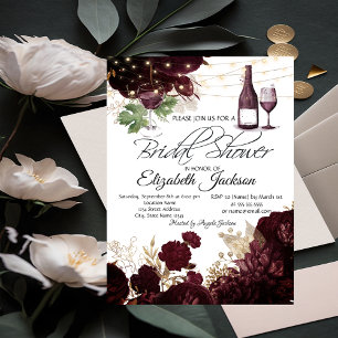 Wine Glass Lights Burgundy Flowers Bridal Shower Invitation