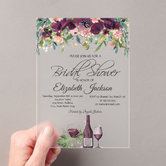 Wine Glass Lights Burgundy Roses Bridal Shower  Acrylic Invitations (Insitu (Handheld))