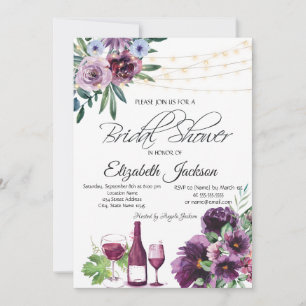 Wine Glass Lights Violet Flowers Bridal Shower Invitation