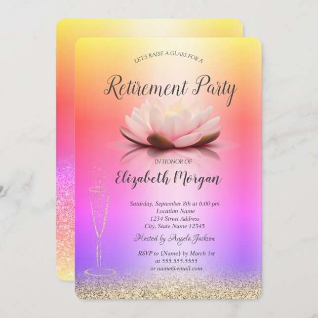 Wine Glass Ombre Glitter Bokeh Lotus Retirement Invitation (Front/Back)