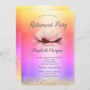 Wine Glass Ombre Glitter Bokeh Lotus Retirement Invitation